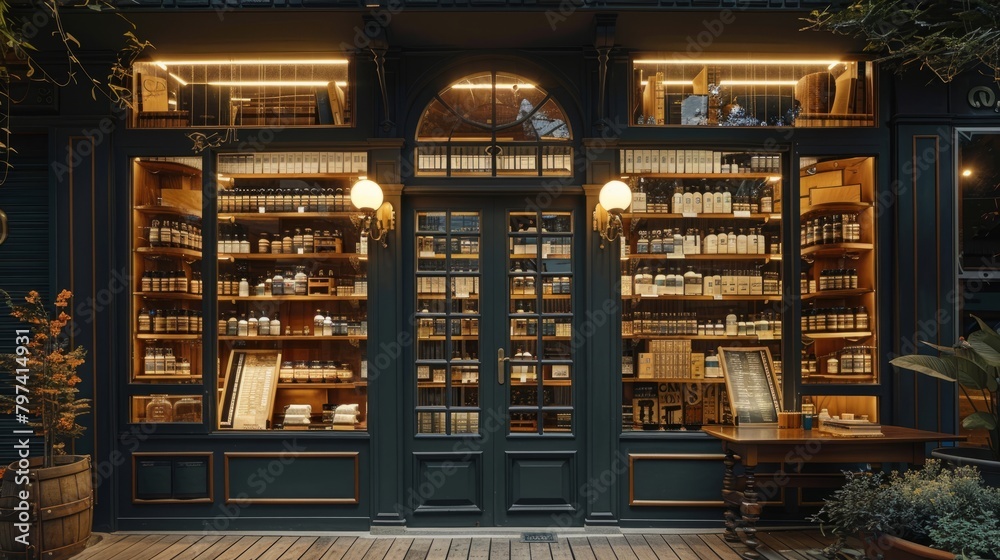 An illustration of the exterior of an old-fashioned apteka with a wooden door and large windows full of shelves of potions and jars. An illustration of the exterior of an old-fashioned apteka with a wooden door and large windows full of shelves of potions and jars.