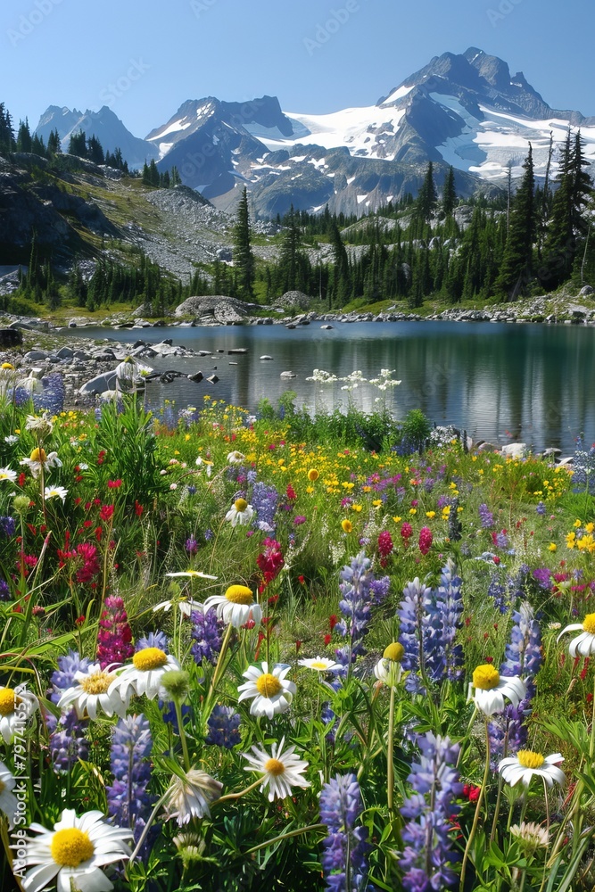Obraz premium Alpine tranquility with wildflowers and mountain lake
