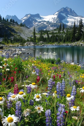 Alpine tranquility with wildflowers and mountain lake © Nica