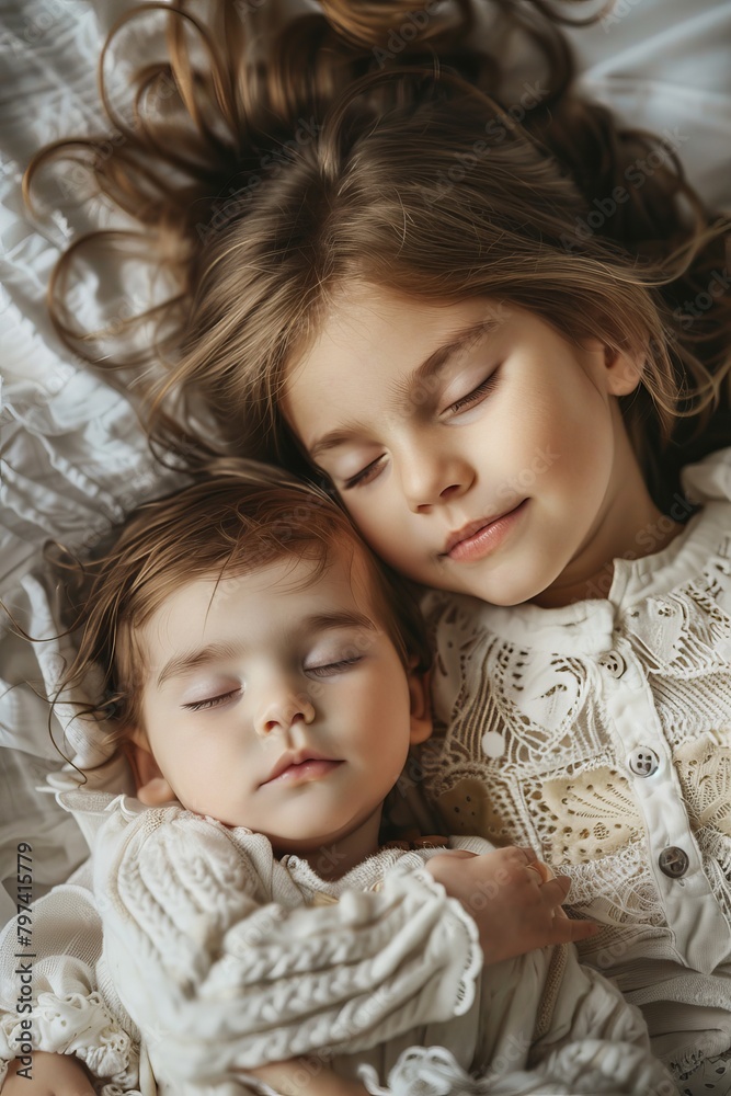 Baby closeup. Sibling relationship in family when youngest was born. First meeting baby and toddler older sister. Young girl tenderly hugging her newborn while lying on bed at home together. Baby closeup. Sibling relationship in family when youngest was born. First meeting baby and toddler older sister. Young girl tenderly hugging her newborn while lying on bed at home together.