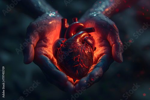 Glowing human heart in hands doctor.