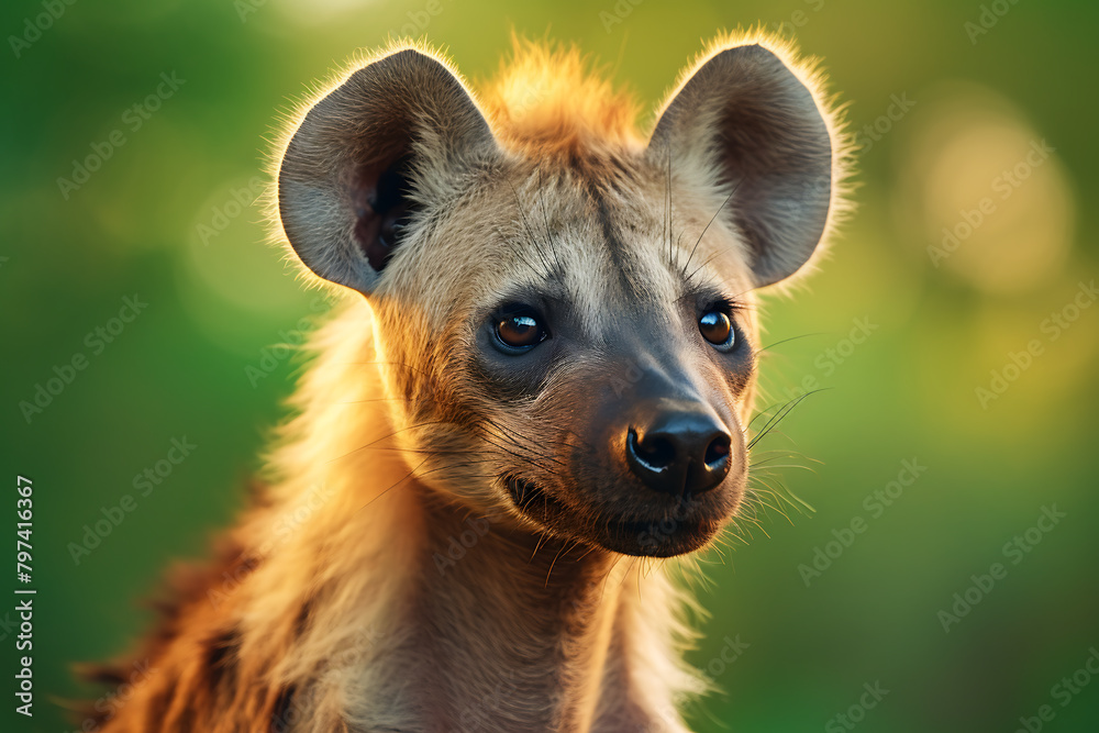 Portrait of hyena in sunset light, selective focus on eyes Portrait of hyena in sunset light, selective focus on eyes