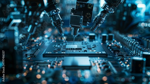 A close up of a circuit board being assembled by a robot.