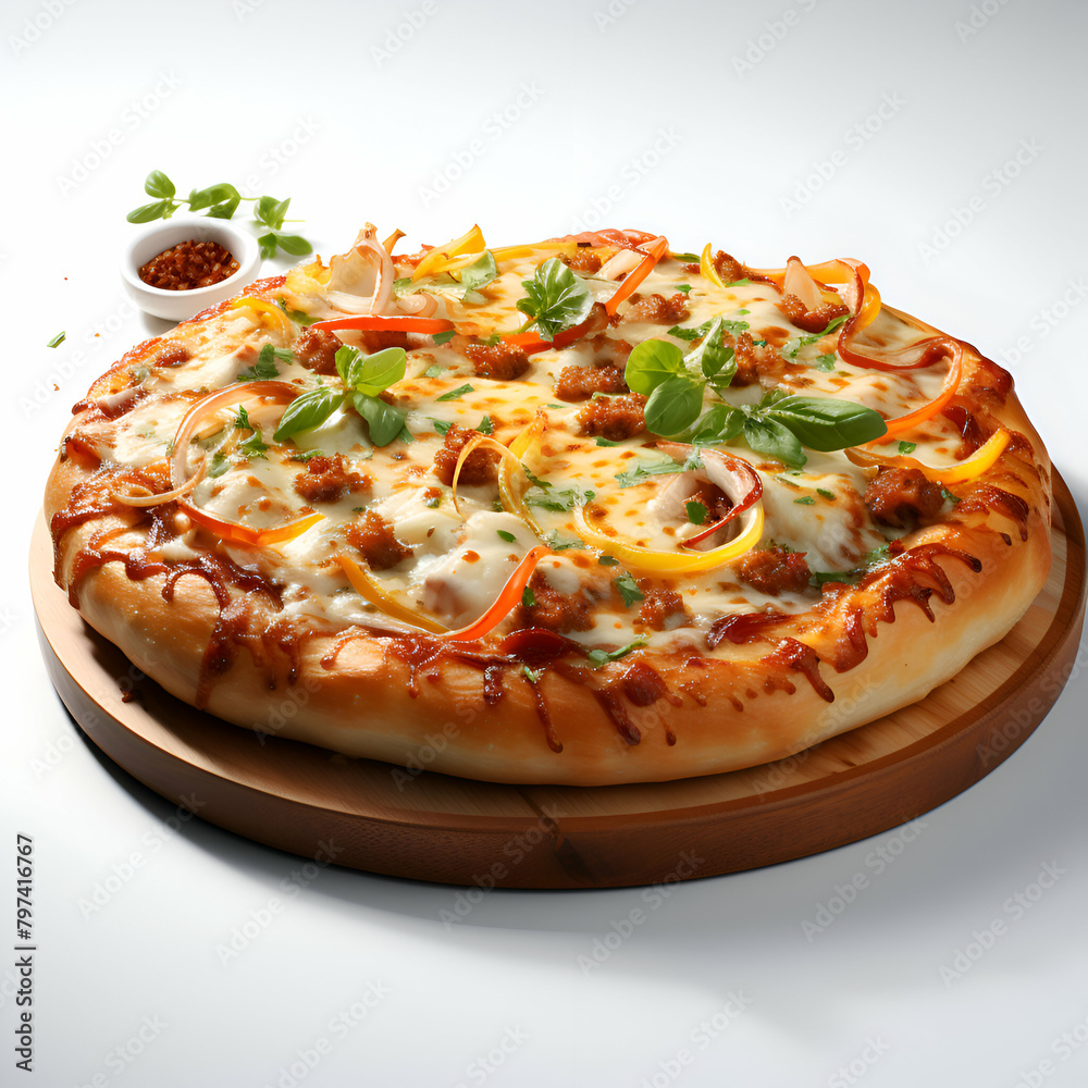 Pizza with meat and vegetables on a white background. Close up. Pizza with meat and vegetables on a white background. Close up.