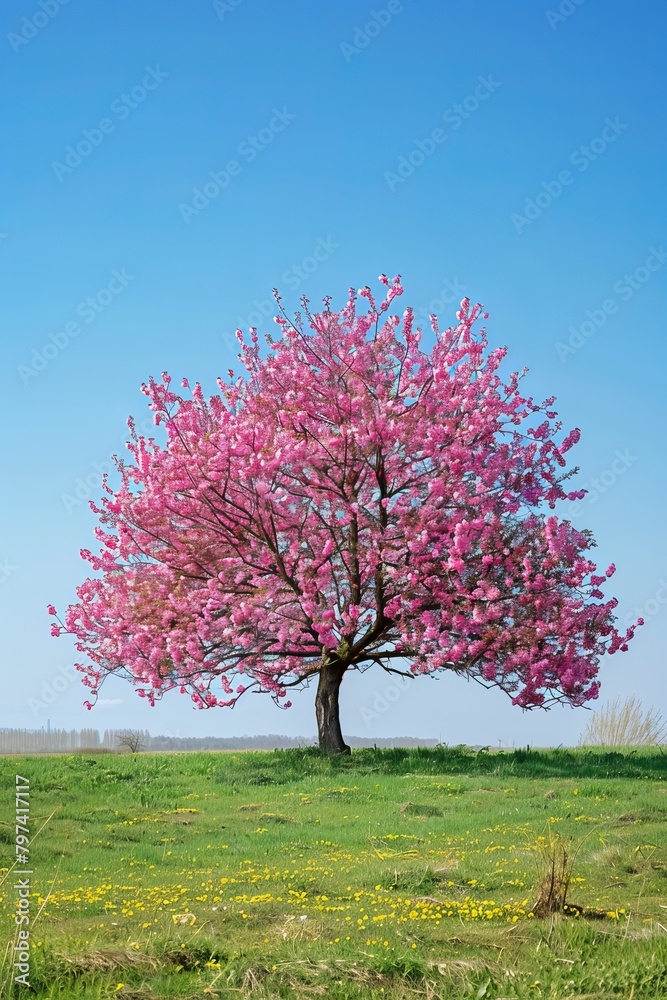 travel in nature concept with pink cherry blossom tree and clear sky in springtime season travel in nature concept with pink cherry blossom tree and clear sky in springtime season