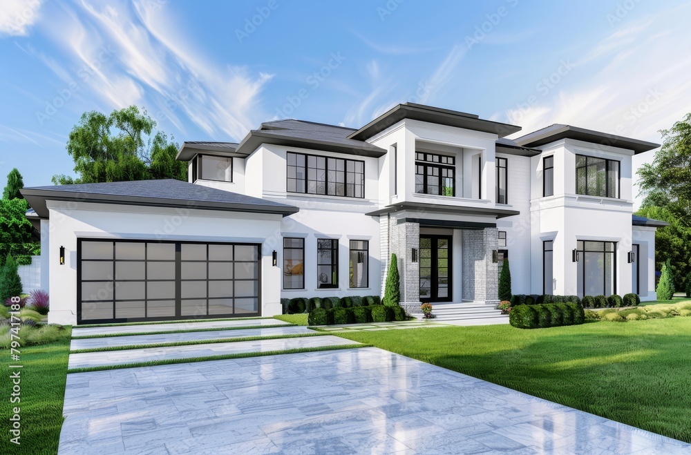 A modern luxurious high-end house with a garage, presented in a stunning 3D render, perfect for showcasing upscale real estate projects and architectural designs