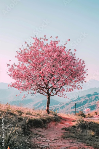 travel in nature concept with pink cherry blossom tree and clear sky in springtime season © Nica