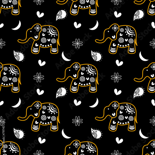 Cute elephant pattern on black background. Vector illustration
