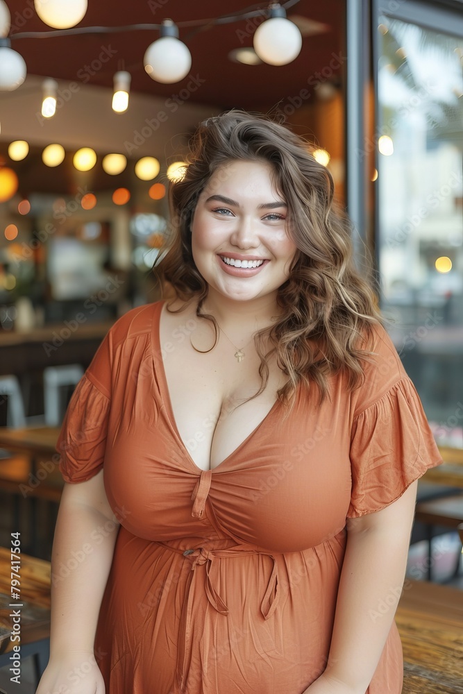 Young beautiful plus size woman smiling confident standing at coffee shop terrace