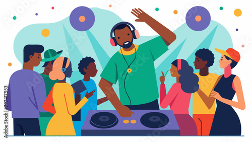 The DJ takes requests from the crowd playing feelgood songs that represent the diverse and dynamic sound of African American music throughout the. Vector illustration photo