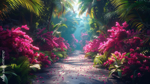 Enchanted Pathway Through a Pink Flowered Jungle