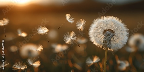 Dreamy dandelion meadow with synchronized puffball dispersions taking flight in rhythmic patterns 