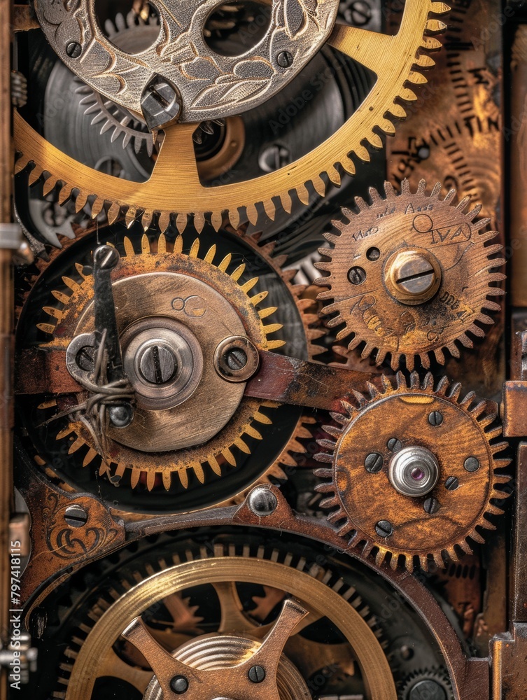 Detailed Vintage Clockwork Mechanism Close-Up Photo - Intricate Antique Gears and Cogs
