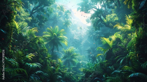 Mystical Jungle with Sunlight Filtering Through