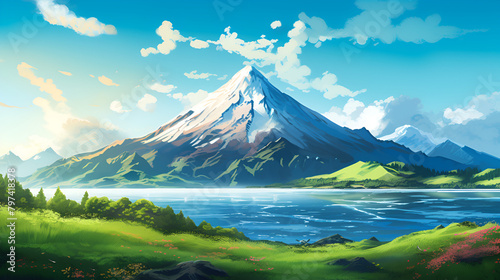 Towering snowcapped mountains anime style landscape with beautiful background 