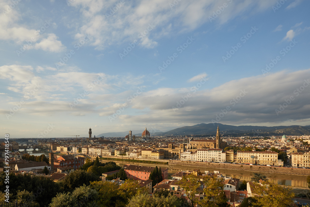 Iconic Florence skyline at sunset over Arno River
