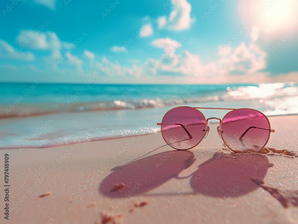 Beachwear Trends: Top View of Sunglasses and Pink 2-Piece Bikini Swim Suit on Sandy Beach - Summer Holiday Style