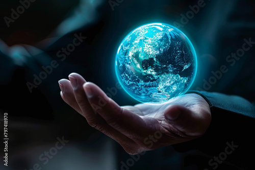 Businessman s hand grasping a glowing blue holographic representation of the Earth  set against a dark background with ample copy space