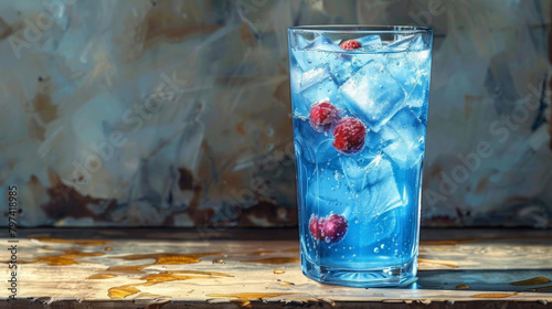 Iced Blue Drink with Raspberries in Glass