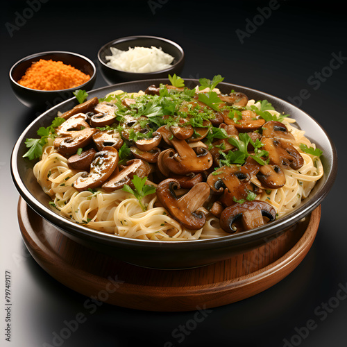 Pasta with mushrooms and parsley in a bowl on a black background