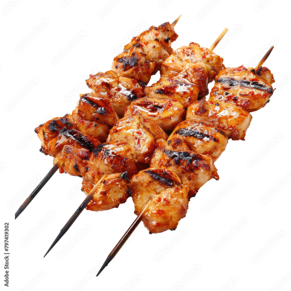 Grilled chicken skewers isolated on transparent background
