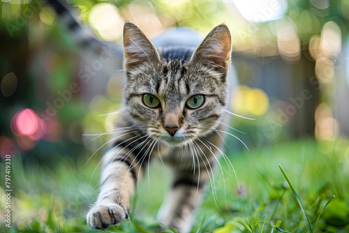 Feline engaged in playful pursuit and capture