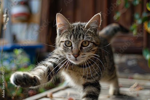 Feline engaged in playful pursuit and capture