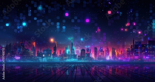 retro-futurism urban night scene background photo