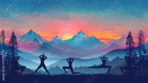 International yoga day different poses illustration colourful nature mountain background 
 photo