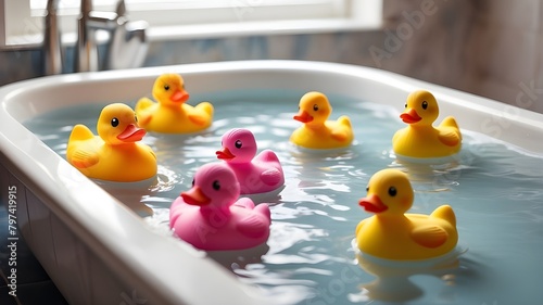 :A row of colorful rubber duckies floating peacefully in a bathtub  photo