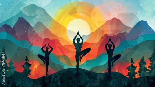 International yoga day different poses illustration colourful nature mountain background 
