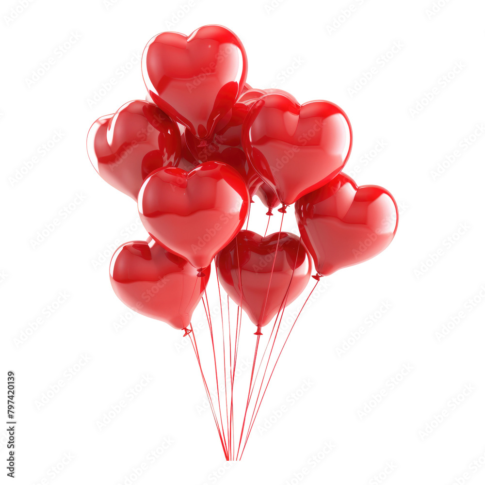 Heart shaped red balloons isolated on transparent background