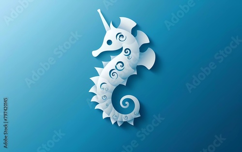 Paper cut Seahorse icon isolated on blue background. Paper art style. Vector Illustration