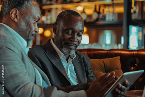 Two businessmen discuss plans and strategies on a tablet, seated in a quiet corner of the hotel bar, highlighting a moment of collaboration