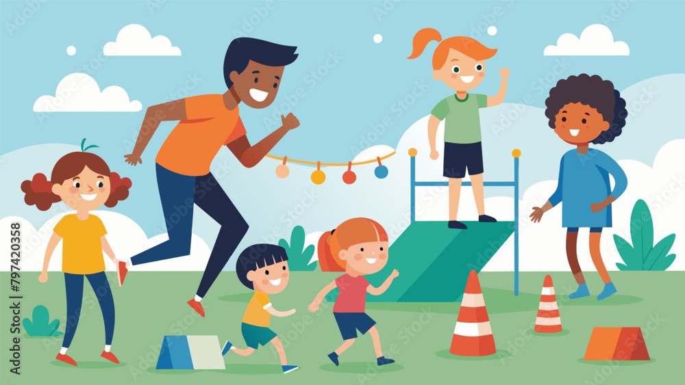 Children and families gathered around a friendly training course where they can test their agility and strength with obstacle courses and mock drills.. Vector illustration