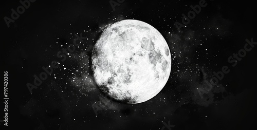 black and white illustration of a full moon with a black background