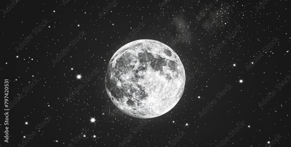 Naklejka premium black and white illustration of a full moon with a black background