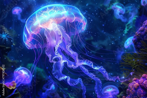 Immerse your audience in a visually striking world of luminescent jellyfish