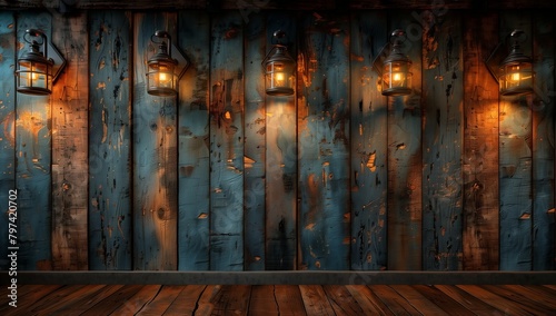 a wooden wall with lanterns hanging from it and a wooden floor