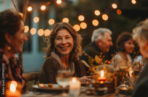 smiling middle aged woman at an outdoor dinner table with friends  candles and string lights  evening light  warm tones in the style of friends gathered at an outdoor dinner table lit with candles