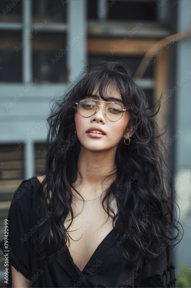 beautiful indonesian woman with long black wavy hair, street photography, nerdy woman wearing glasses, woman in her 20s, fashion model, summer clothes, photography, smiling. beautiful indonesian woman with long black wavy hair, street photography, nerdy woman wearing glasses, woman in her 20s, fashion model, summer clothes, photography, smiling.