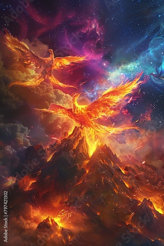 A phoenix rising from the ashes with a mountain range in the background.