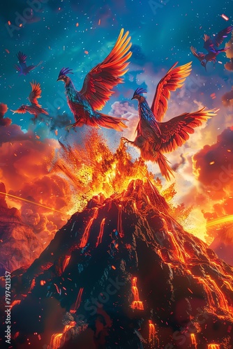 A volcano erupting with a phoenix flying out of it