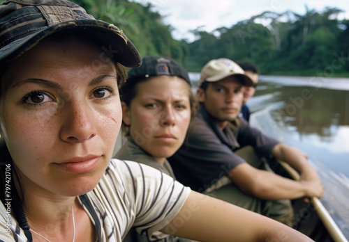A group of people in the Amazon Rainforest, each sitting in their own canoe with oars to sail through narrow waterways and fish, float along a winding riverside during a jungle boat ride