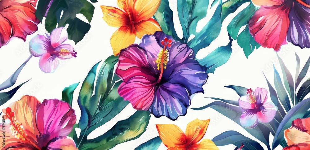 watercolor beautiful tropical flowers pattern