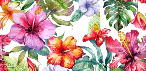 watercolor beautiful tropical flowers pattern