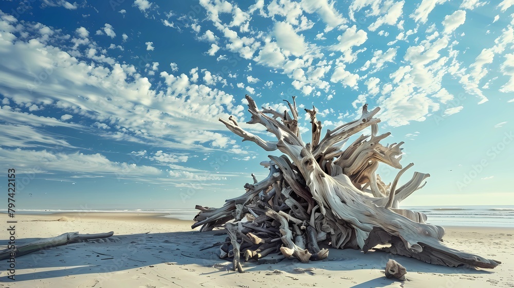 Dead tree on the beach. Concept of global warming and climate change, Generative AI illustrations Dead tree on the beach. Concept of global warming and climate change, Generative AI illustrations