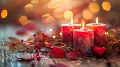 Festive Red Candles with Bokeh Lights Background