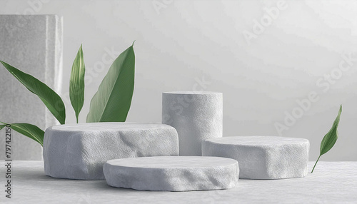 White stone product display podium with nature leaves background