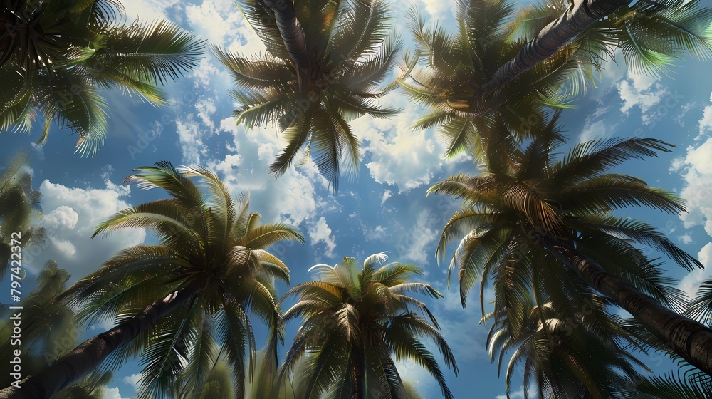 Palm trees against the blue sky with clouds, Generative AI illustrations